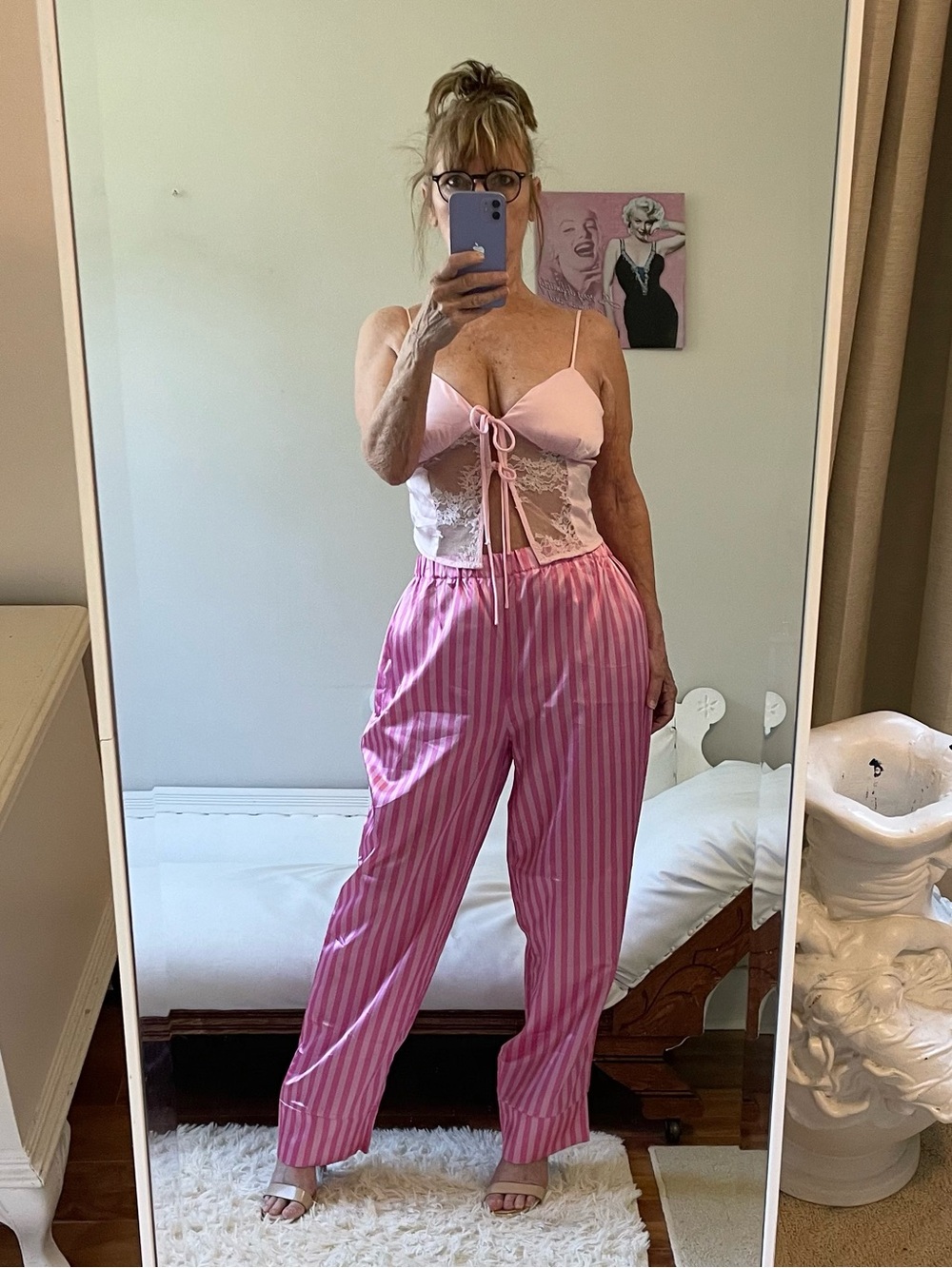 BOOHOO HOT LIGHT PINK TWO TONE STRIPED PYJAMA BOTTOMS STRETCH WAIST WIDE LEG